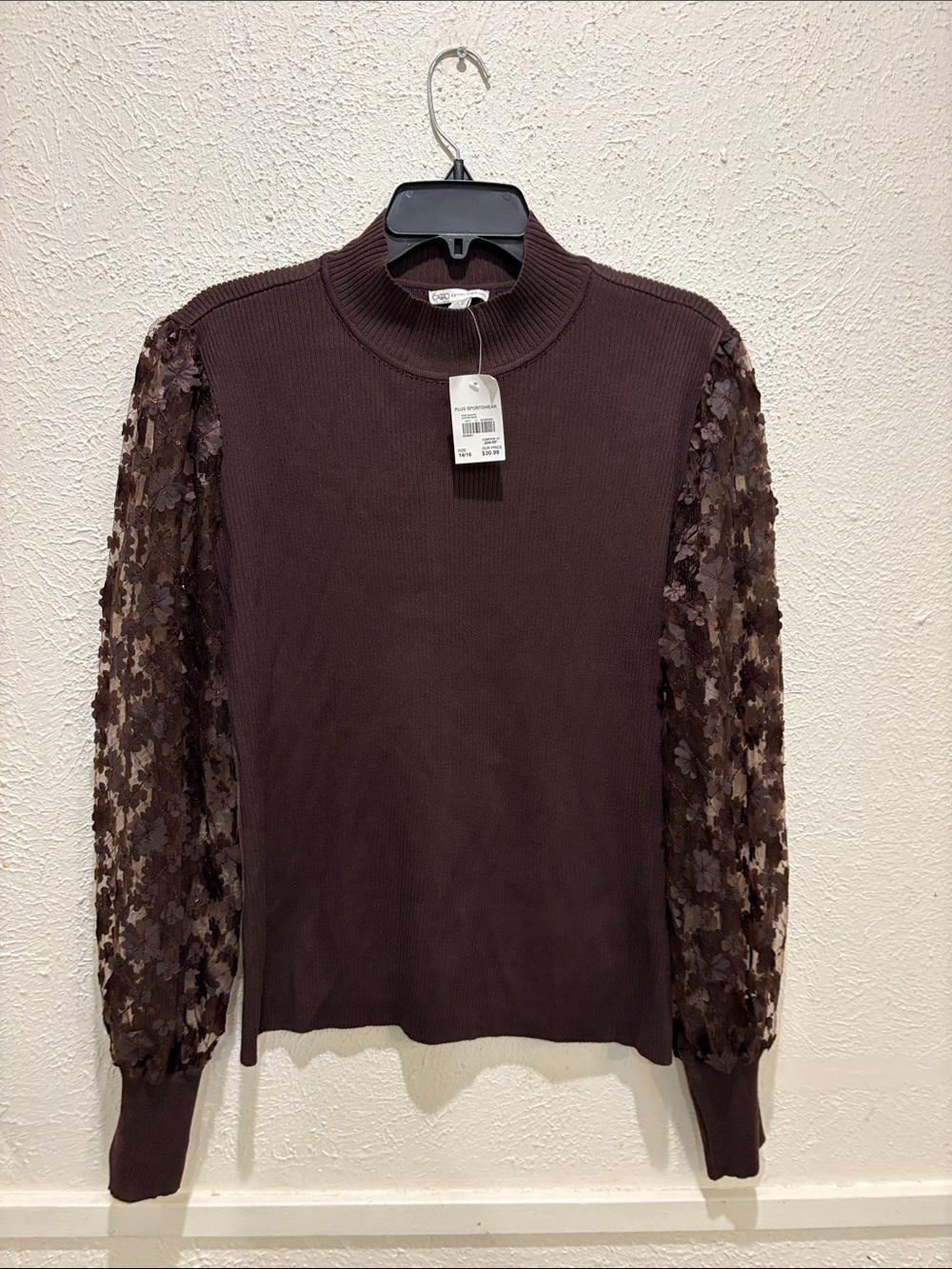 Brown Mock Neck Sweater with Floral Sequin Puff Sleeves